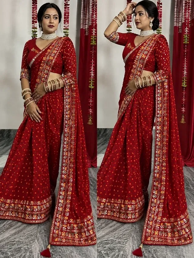 Chiffon Solid Saree For Women, Red