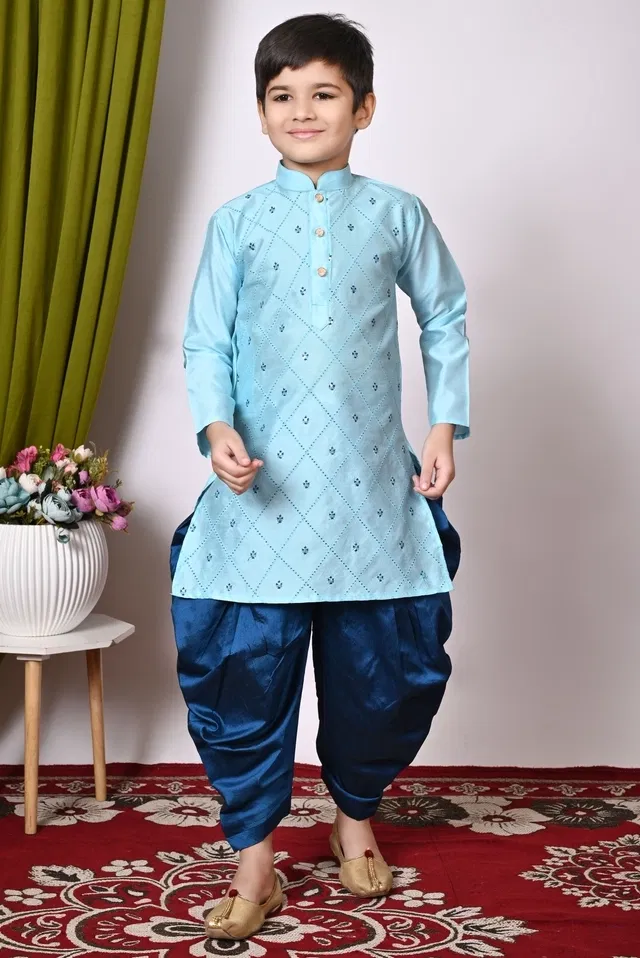 Dupion Silk Embellished Kurta with Dhoti for Boys, Blue (9-10 Years)