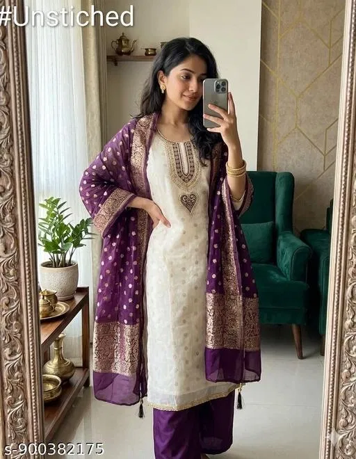 Silk Blend Embroidered Punjabi/All Over Suits for Women (6.65 meter (XXL)