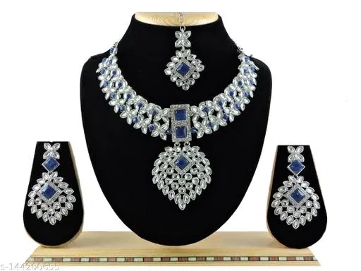 Elegant Kundan Chocker with Earring Maang Tikka for Women (Navy Blue, Free Size)