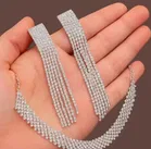 Silver Rhinestone Chain Necklace & Dangler Earrings Set 