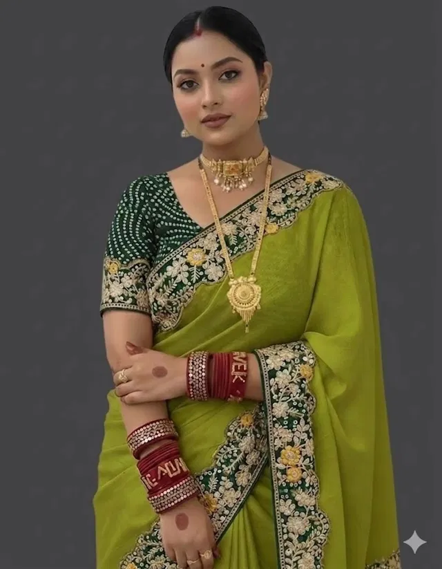 Bollywood Green Chiffon/Satin Embroidered Saree for Women