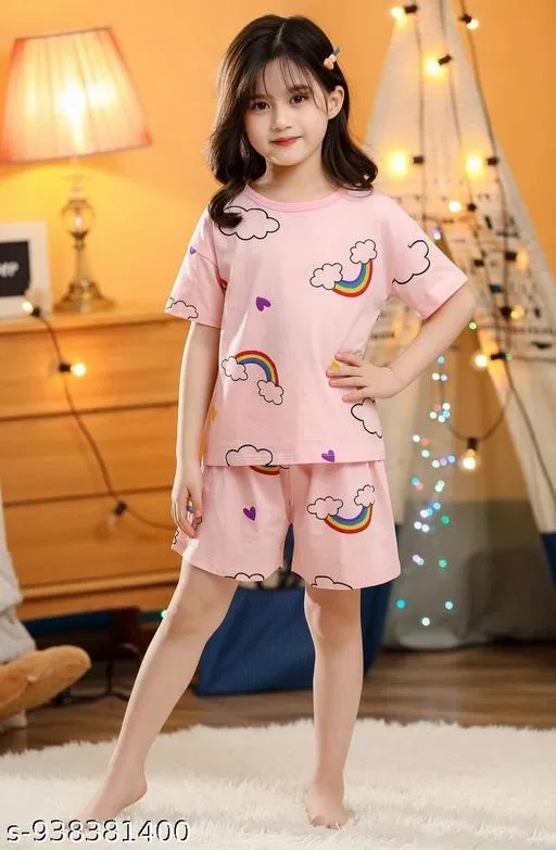 Cotton Blend Night Suit for Girls (Peach, 1-2 Years)
