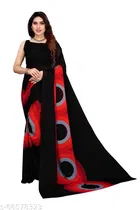 Georgette Printed Saree for Women, Red & Black 