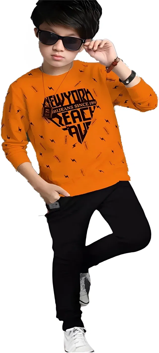 Cotton Blend Clothing Set for Boys (Orange & Black, 11-12 Years)