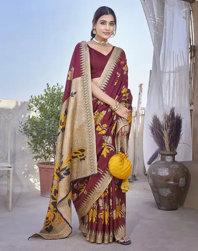 Art Silk Printed Saree for Women (Maroon, 6 m)