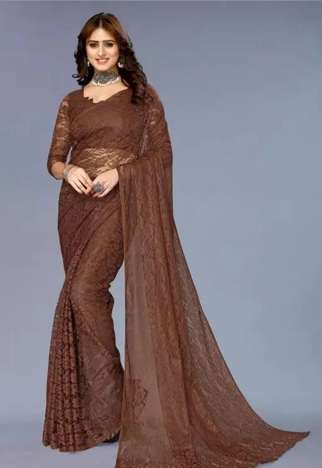 Net Floral Saree for Women (Brown, 6.3 m)