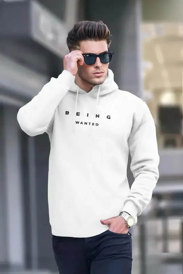 Fleece Printed Hoodie for Men, White (M)