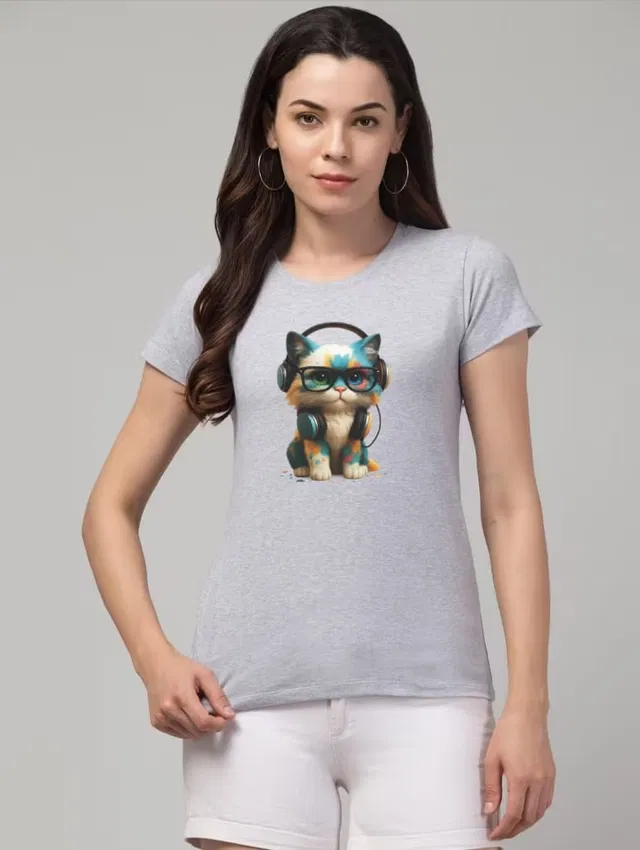 Cotton Blend Printed T-shirt for Women, Grey (XL)