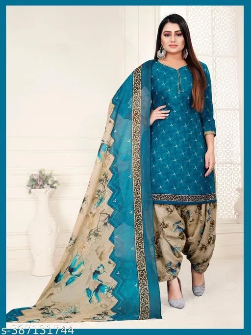 Cotton Printed Salwar Suit & Dupatta Sets for Women (Blue, XXXL)