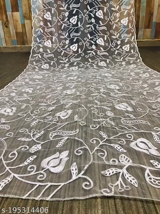 Floral Aari Work Embroidered Net Dupatta for Women (White, Free Size)
