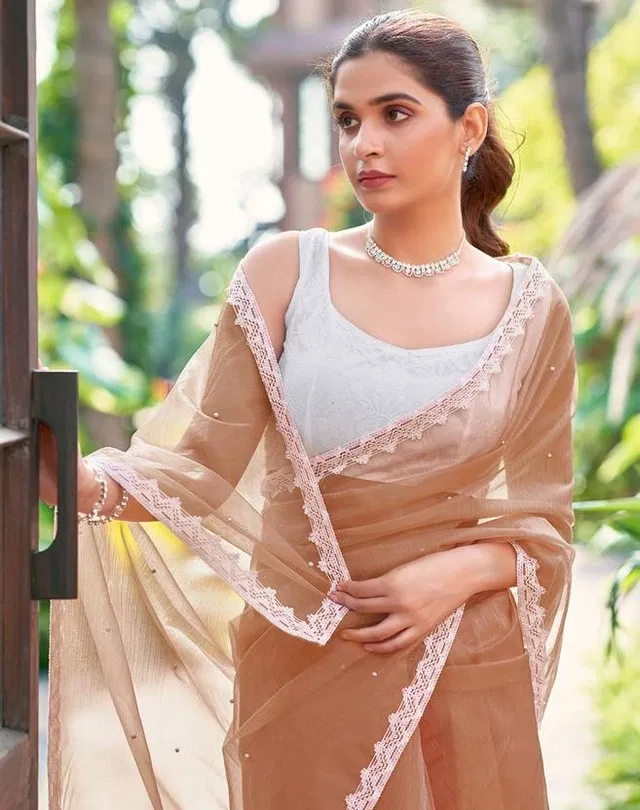 Net Embellished Saree for Women (Peach)