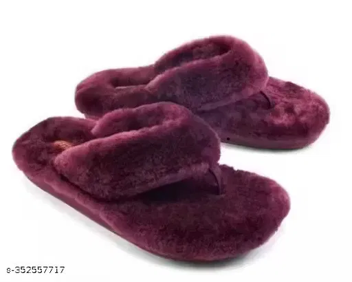 Furry Thong Slippers for Women (Maroon, 6)