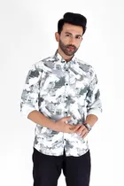 Cotton Blend Printed Shirt for Men, White & Grey 