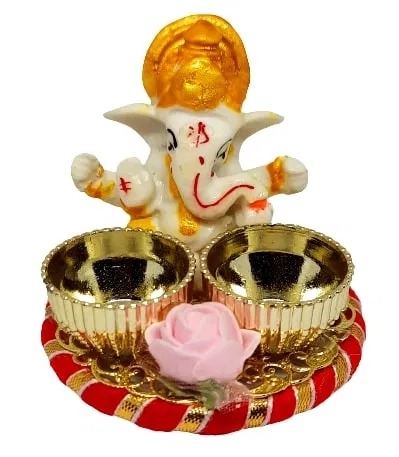 Metal Decorative Ganpati Haldi Kumkum Stand with 2 Roli Chawal Holder, Multicolor