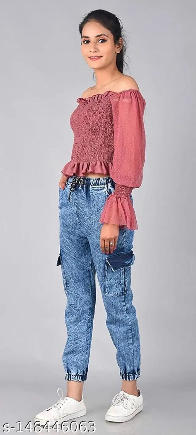 Denim Cargo Jeans for Girls (Sky Blue, 14-15 Years)