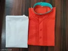 Cotton Solid Kurta Set for Men, White & Orange 