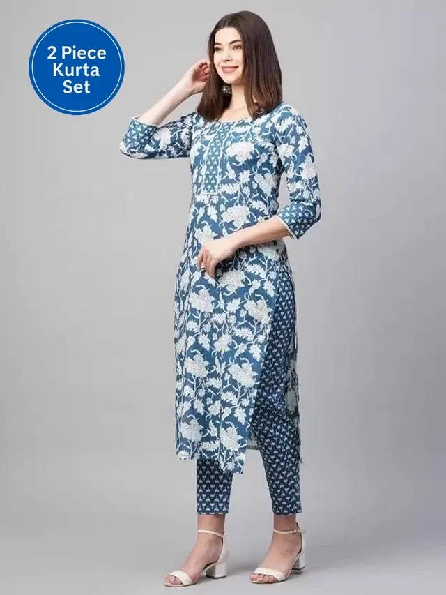 Cotton Floral Print Women's Kurta with Pant Set (Blue, L)