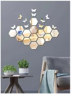 3D Silver Hexagon Decorative Acrylic Mirror Wall Stickers (Pack of 14) with 10 Butterfly Stickers