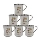 Leroyal Stainless Steel 3 Leaves Floral Print Cup (Pack of 6, Silver)
