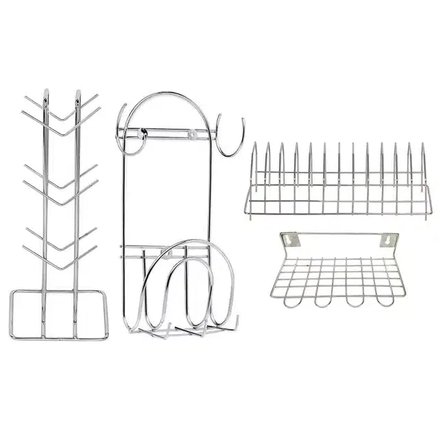 Stainless Steel Cup Stand & Plate Stand with Utensil Holder & Chakla Belan Stand (Set of 4, Silver)