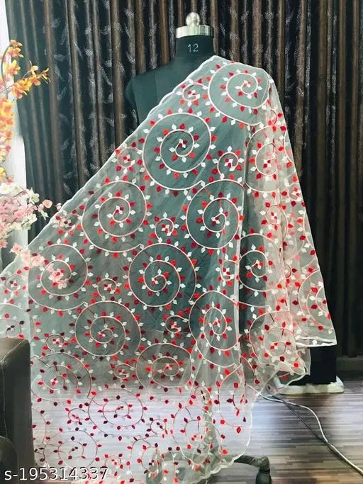 Embroidered Jaipuri Net (Red, Free Size)
