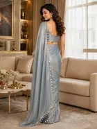 Bollywood Grey Satin Solid Lace Border Saree for Women