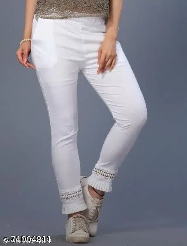 Cotton Lycra Trousers for Women (White, 36)
