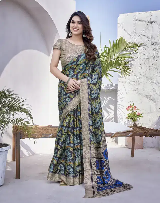 Chiffon Printed Saree for Women (Black, 6 m)