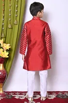 Dupion Silk Printed Kurta with Payjama for Boys, Maroon & White 