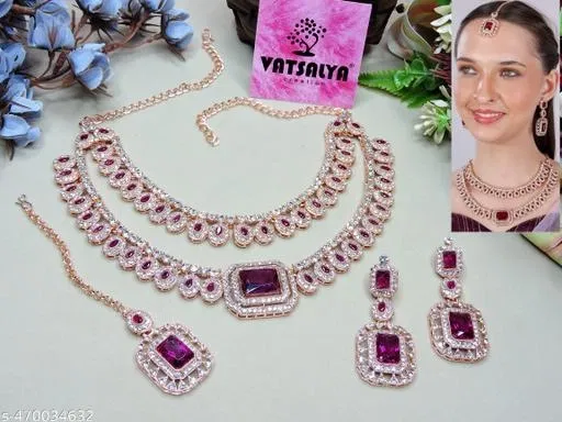 Rose Gold Finish 2 Layer Bollywood Inspired Necklace Set for Women (Purple, Free Size)