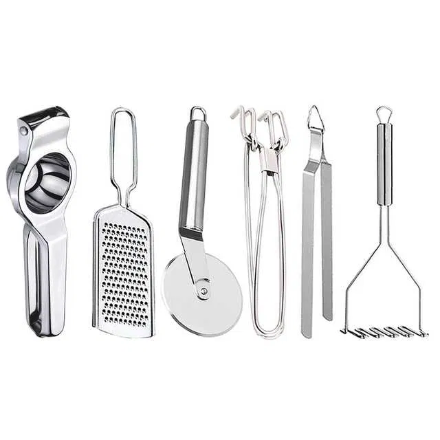 Oc9 Stainless Steel Lemon Squeezer & Cheese Grater & Pizza Cutter & Pakkad & Roti Chimta & Potato Masher Kitchen Tool Set (O-147)