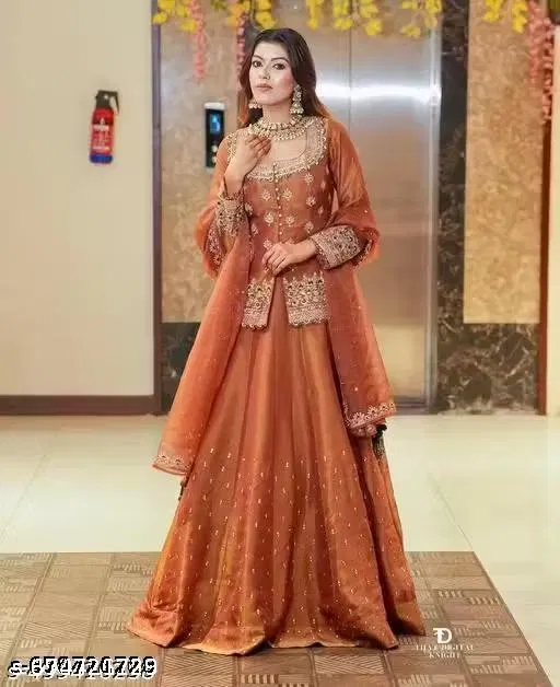 Embroidered Lehenga Choli for Women (Orange, L)