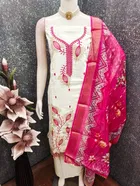 Cotton Silk Embellished Unstitched Suits Fabric for Women, White & Pink