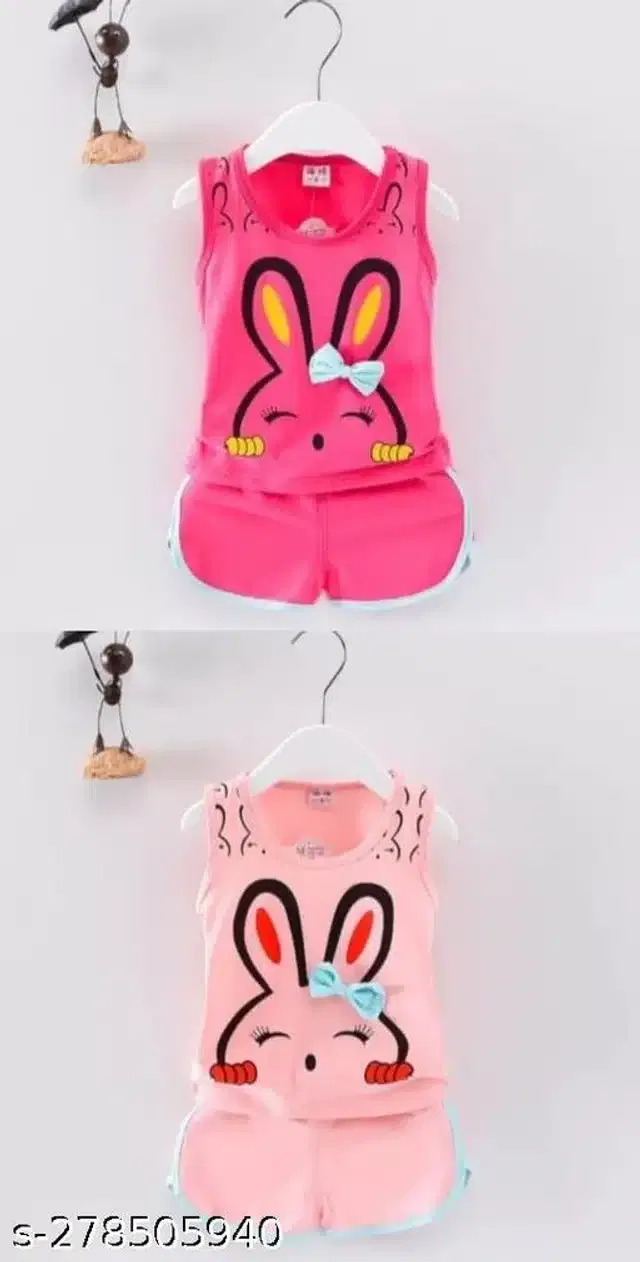 Hosiery Cotton Sleeveless T-Shirt with Pant Clothing Set for Kids (Dark Pink & Peach, 6-12 Months) (Set of 2)