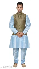 Cotton Blend Solid Kurta with Pyjama & Jacket for Men 