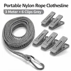 Portable Nylon Rope Clothesline 3 Meter + 6 Clips Grey