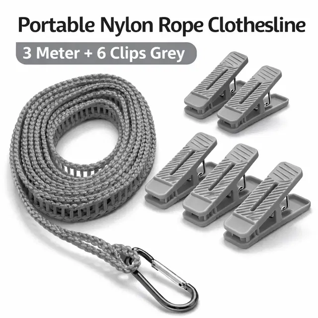 Portable Nylon Rope Clothesline 3 Meter + 6 Clips Grey