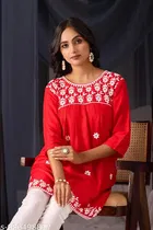 Chikankari Embroidered Floral Design Rayon Anarkali Short Kurti for Girls 