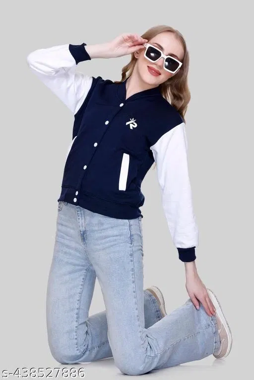 Fleece Solid Jackets for Women (Navy Blue & White, M)