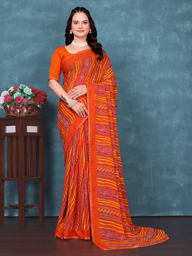 Georgette Bandhini Saree for Women (Orange)