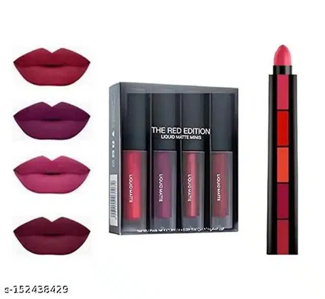 Premium 5-in-1 Mini Lipsticks with 4 Pcs Lip Gloss (Multicolor, Set of 2)