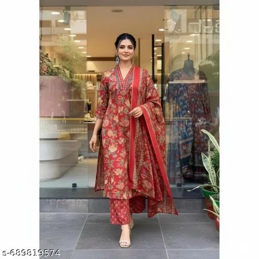 Viscose Rayon Kurta & Plazo With Dupatta Red (M)