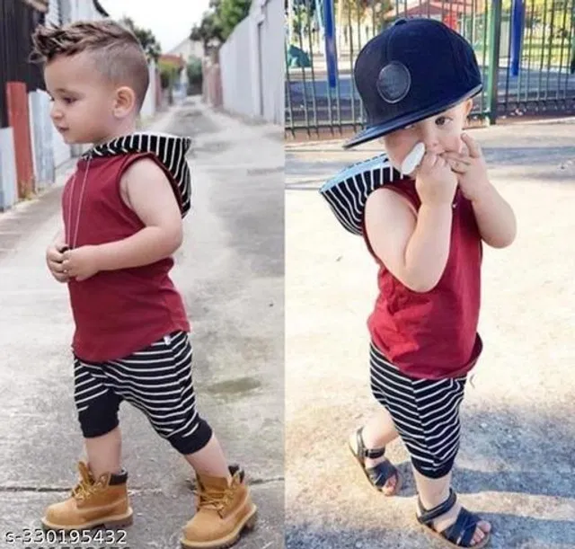 Hosiery Cotton Clothing Set for Kids (Maroon & Black, 0-3 Months)
