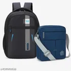 Polyester Backpack with Cross Body Bag for Men, Black & Blue, Set of 2