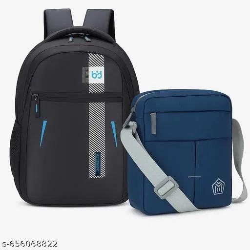 Polyester Backpack with Cross Body Bag for Men, Black & Blue, Set of 2