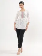 Rayon Ethnic Motif Neck Embroidered Short Kurti For Womens 