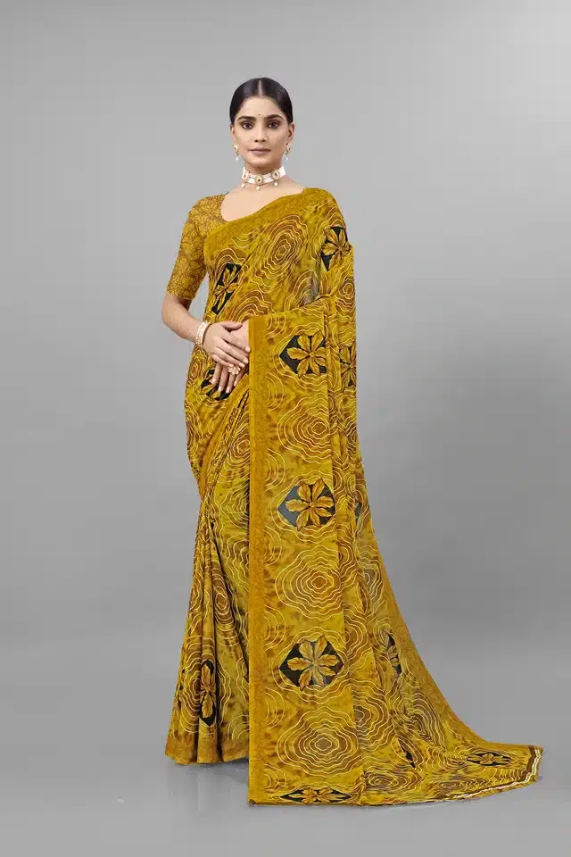 Georgette Printed Saree for Women (Yellow, 6.3 m)