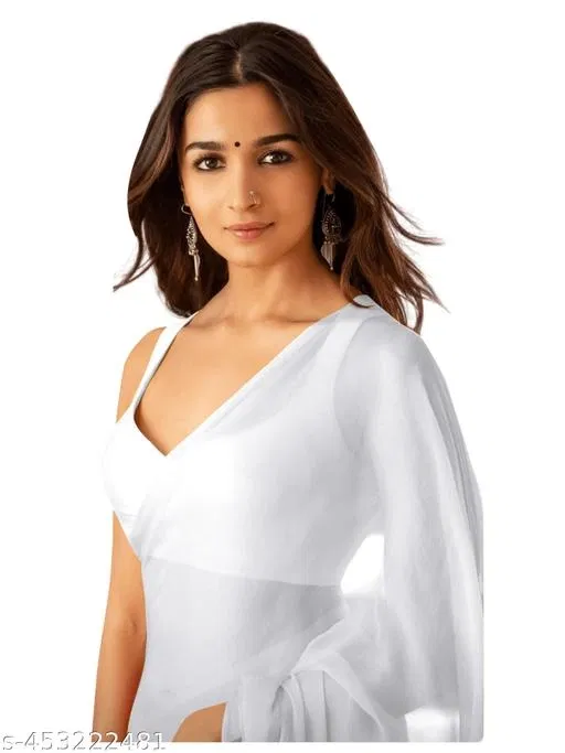 Plain Pure Georgette Alia Bhatt Saree for Women (White)