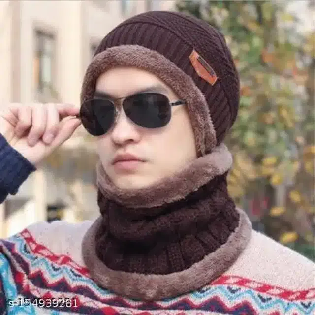 Woolen Beanie Cap with Neck Scarf for Men & Women (Dark Brown, Set of 1)